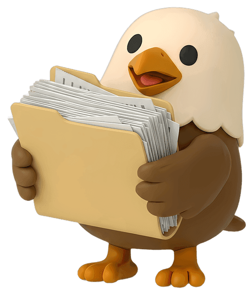 The SettleKit eagle holding a thick folder overflowing with documents, representing a thick credit file