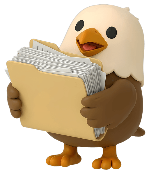 The SettleKit eagle holding a thick folder overflowing with documents, representing a thick credit file